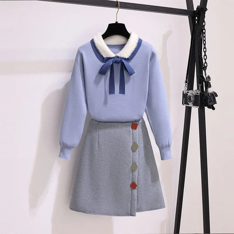 

2021 Autumn Winter Two Piece Set Casual O-neck Bow Knitting Solid Loose Top + Skirt Plaid A-line Mini Set 2 Piece Set Y394