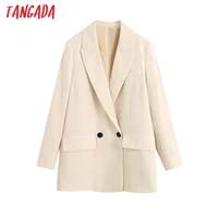 tangada women beige double breasted loose blazer coat vintage 2021 long sleeve pockets female outerwear chic veste be408