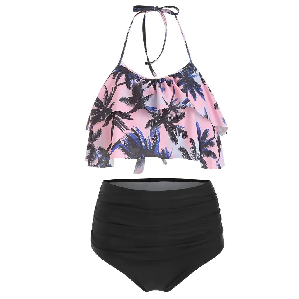 Женский раздельный купальник с воланом бикини высокой талией и принтом пальмы