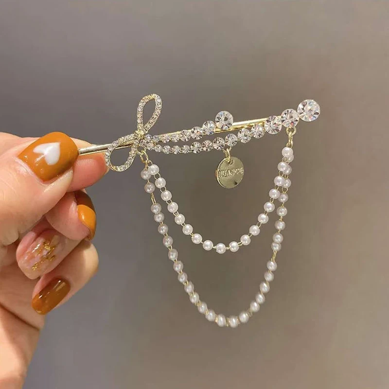 

2021 The New Dual Purpose Rhinestone Bow Tie Word Clip Tassel Bangs Clip Fairy Side Hairpin Brooch Duckbill Clip