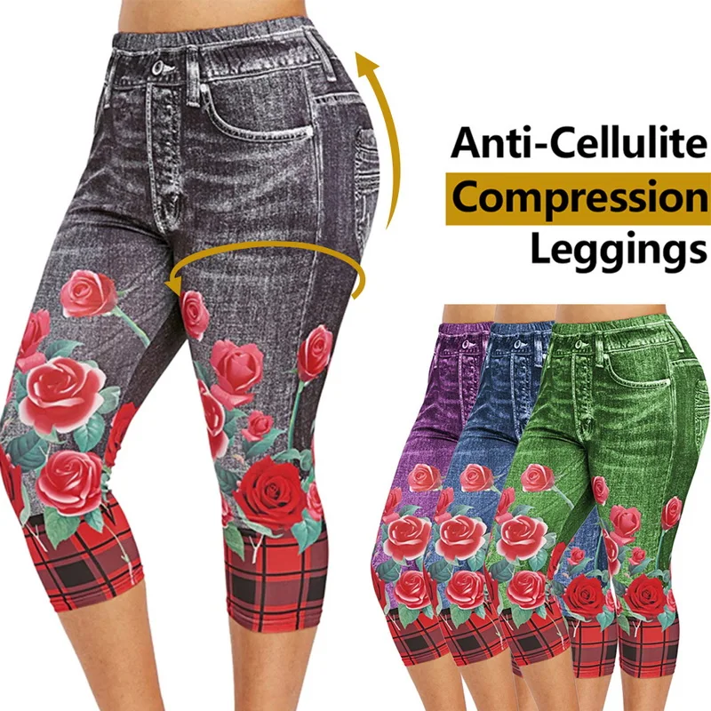 

Sexy Yoga Leggings Women Floral Print Pencil Pants Leggins 2020 Plus Size 3XL Casual High Waist FauxDenim Trousers Bottoms