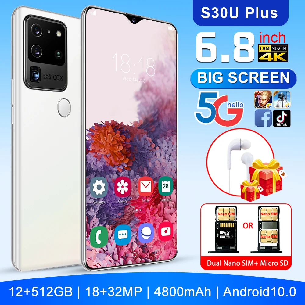 

S30U Plus Mobile Phones 6.8-inch HD 18MP+32MP 4800mAh 12+512GB Cell phone MTK6889 Deca Core Smartphone Android Face recognition