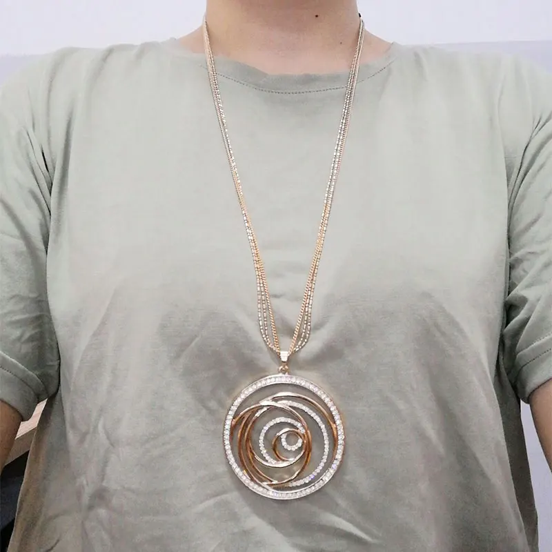 

Fashion Czech CZ Drilling Big Round Pendant Maxi Gold Necklace For Women Party Gifts Elegant Long Necklaces Jewelry Accessories