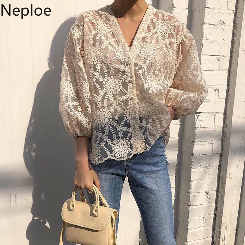 Neploe V образным вырезом Один груди фонарь с длинным рукавом Блузка Сексуальная