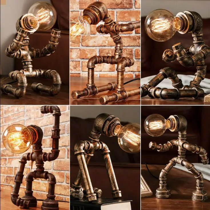 

Creative Retro Lamp Water Pipe Robot punk style industrial iron pipe table lamp gift coffee bar decoration decoration