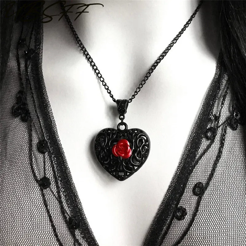 

Black Filigree Heart Necklace with Red Rose,Gothic Victorian Pendant,Romantic Valentine Gift for Girlfriend ,Alternative Jewelry