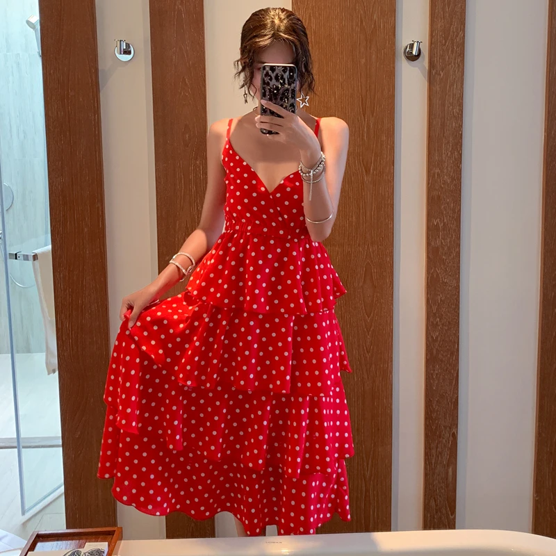 Женский Длинный пляжный сарафан в горошек красное повседневное винтажное платье