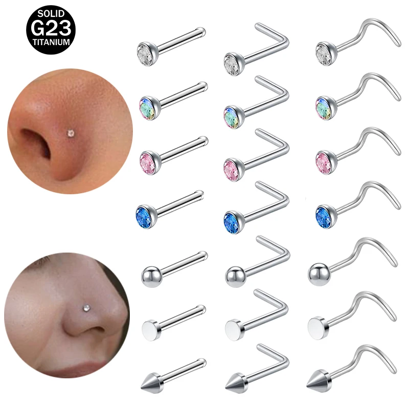 

ZS 3-4pcs/lot G23 Titanium Nose Piercing Set 2/3MM Round CZ Crystal Nose Studs Screw L-Shaped Nostril Piercing Body Jewelry 20G