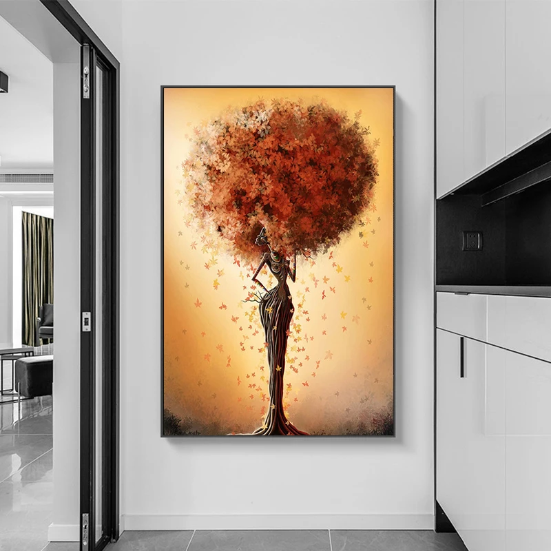 Абстрактный плакат с изображением черной Африканской девушки Цветных Листьев