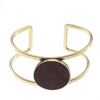 round wood disc charm open cuff bangles for women fashion simple metal wooden bracelets boutique jewelry