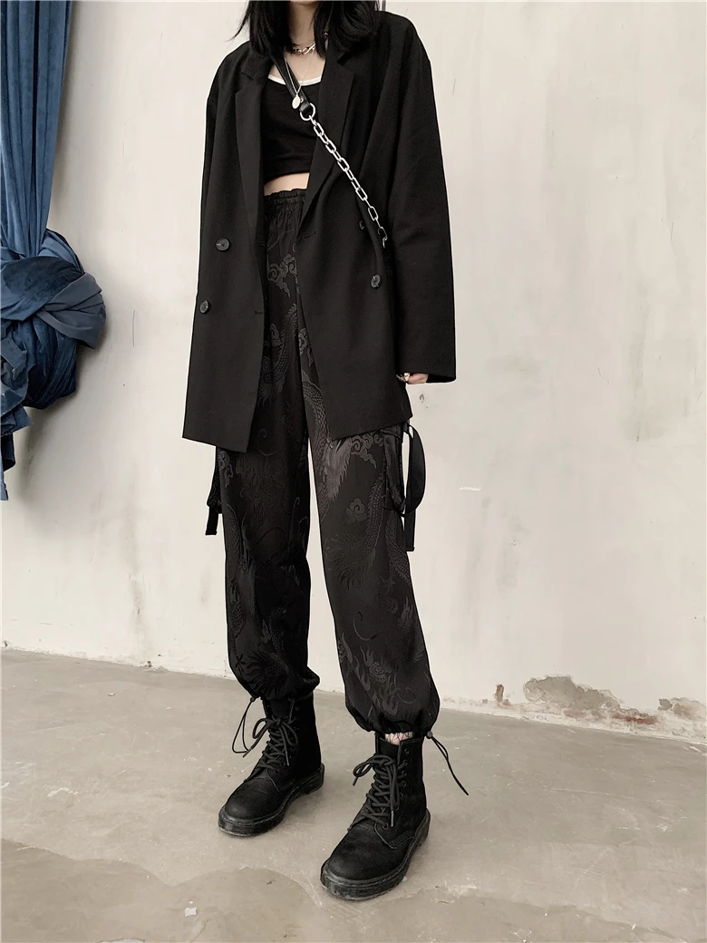 

HED Harajuku Cargo Pants Women Dragon Print Trousers Modis Streetwear Female Summer Loose Thin Pant Pantalones Mujer