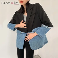 lanmrem 2021 autumn loose turn down collar fashion single breasted all match denim patchwork coat for women fashion tide 2a1757