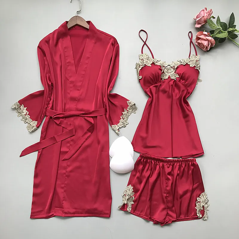 

Sexy Sleepwear Pajamas Set For Women Satin Kimono Gown Lace Nightwear Nightgown Silky Intimate Lingerie Casual Home Clothes