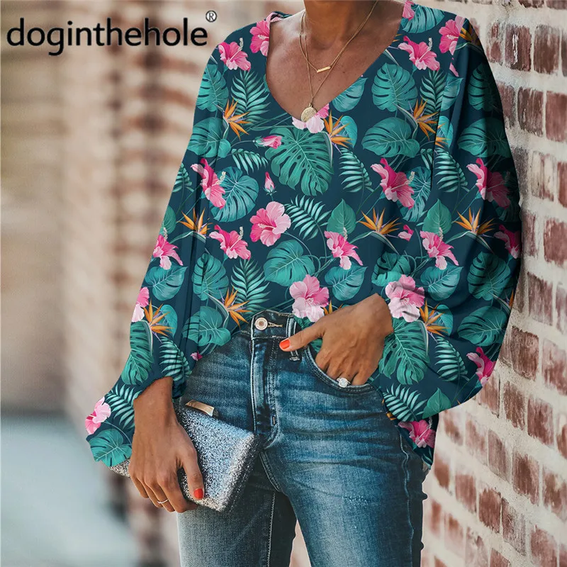 

Женская шифоновая блузка Doginthehole с тропическим цветочным принтом, дышащие свободные топы, новинка весны 2021, милая туника с длинным рукавом
