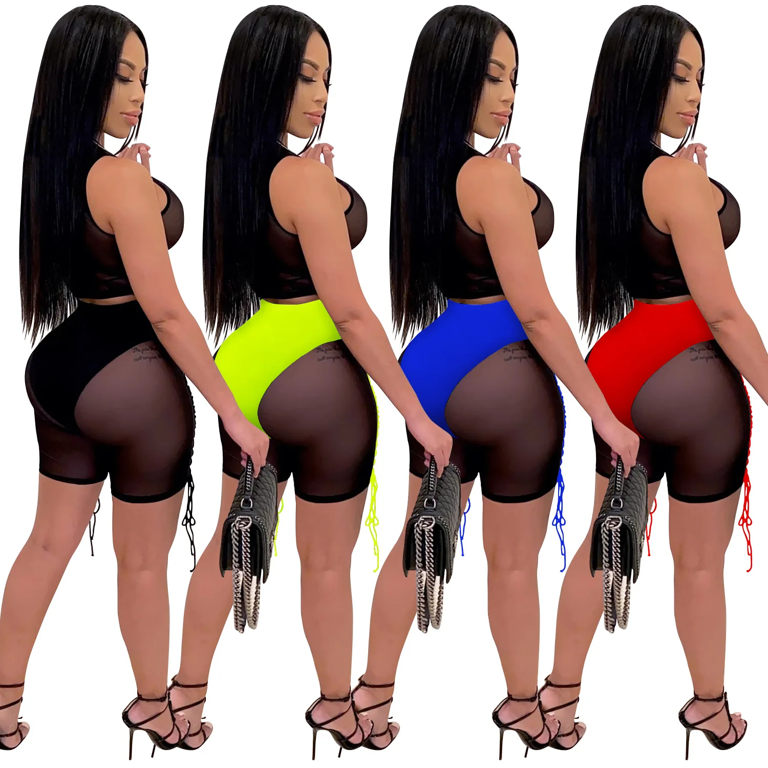 Tracksuits Women 2 Pieces Set Mesh Sheer See Through Tank Crop Tops Neon Color High Waist Lace-up Biker Shorts Female Clothes | Женская