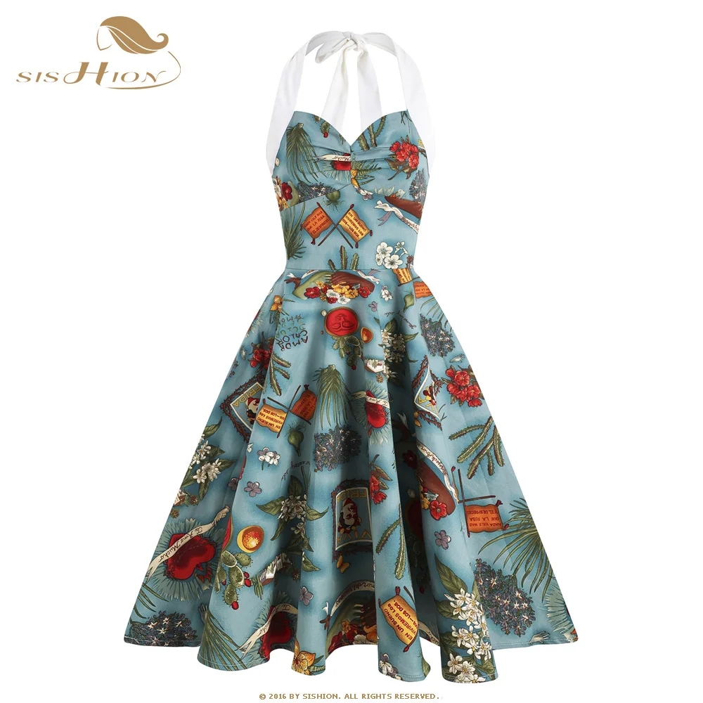 

SISHION Sexy Halter 50s 60s Pin Up Dress VD2106 Summer Women Party Cotton Hepburn Floral Print Green Vintage Retro Dress