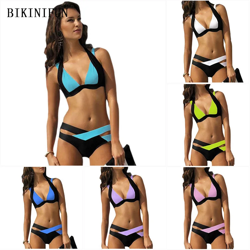 Классическое многоцветное однотонное бикини женский купальник с перекрестной