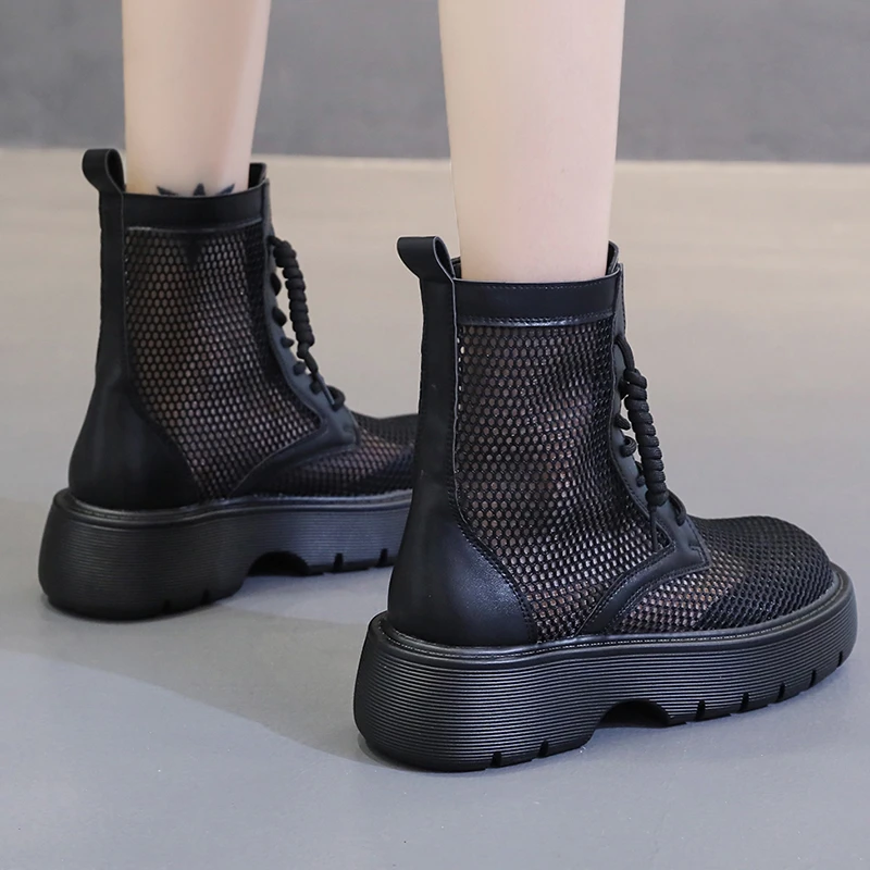 

Pop Thick Bottom Mesh Ankle Boots for Women Summer Nice Fashion Lace Up Platform Boots Woman Breathable Chunky Casual Shoes