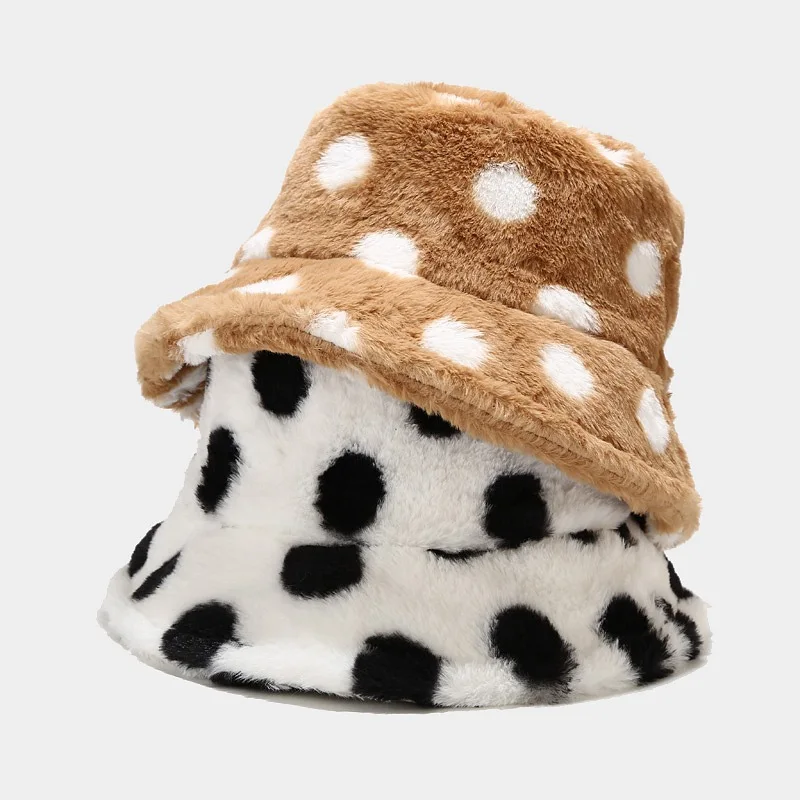 

Autumn Winter Bucket Hat For Women Faux Rabbit Fur Dots Print Fisherman Cap Lady Warm Panama Flat Top Soft Fluffy Basin Hats