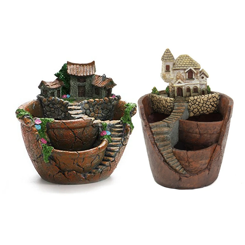 

Цветочный горшок мини-сказочный сад с домом, 1 шт., Мини цветочный горшок из смолы, декоративные поделки с микроландшафтом