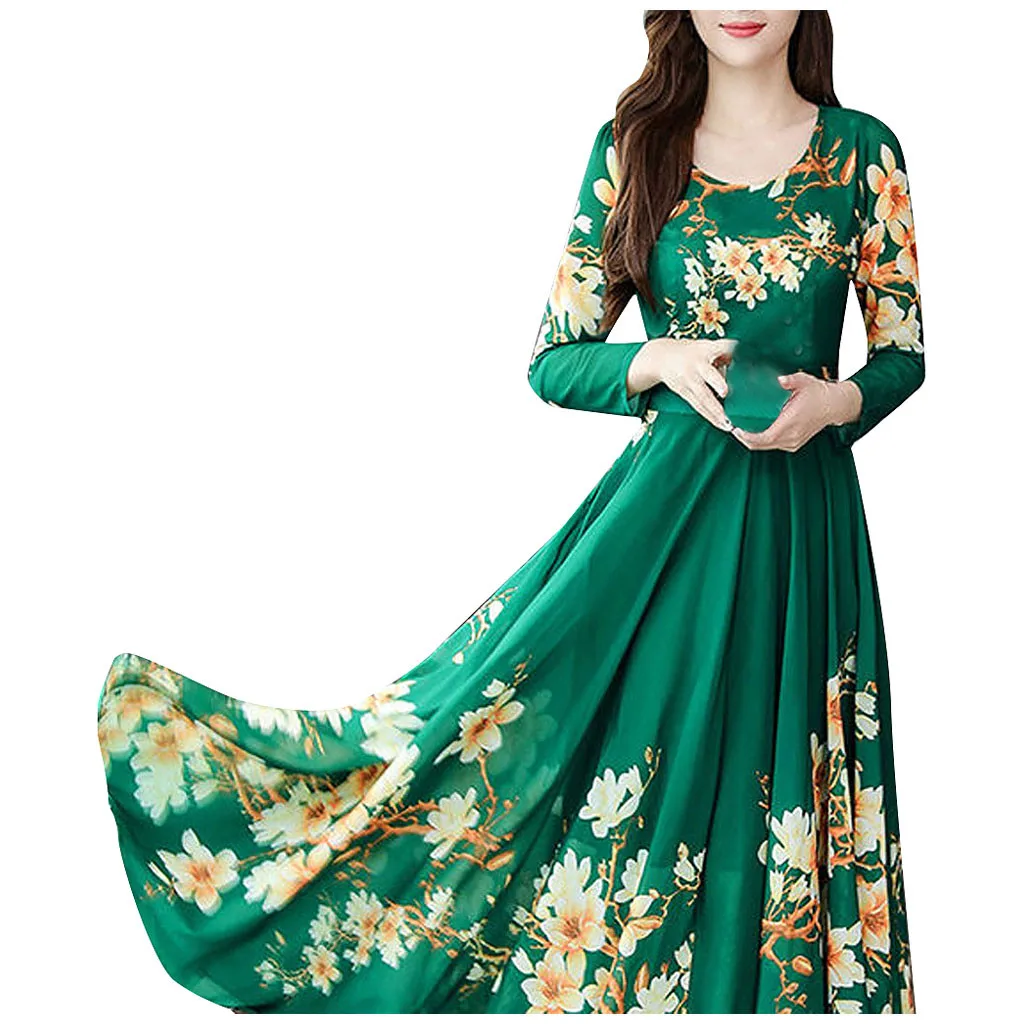 Модное женское платье с круглым вырезом и длинными рукавами длинное Дамская