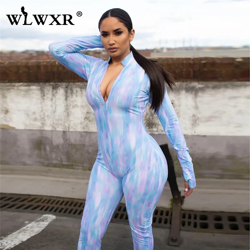 WLWXR Tie-dyed Print Zipper Ladies Long Sexy Bodycon Jumpsuit Women Sleeve Skinny Summer Rompers Womens Female | Женская одежда