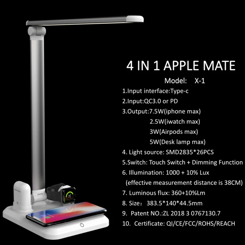

4-In-1 LED Desk Lamp Wireless Charger, Foldable Night Lamp with USB Port, Adjustable Brightness, Suitable for iPhone / Airports
