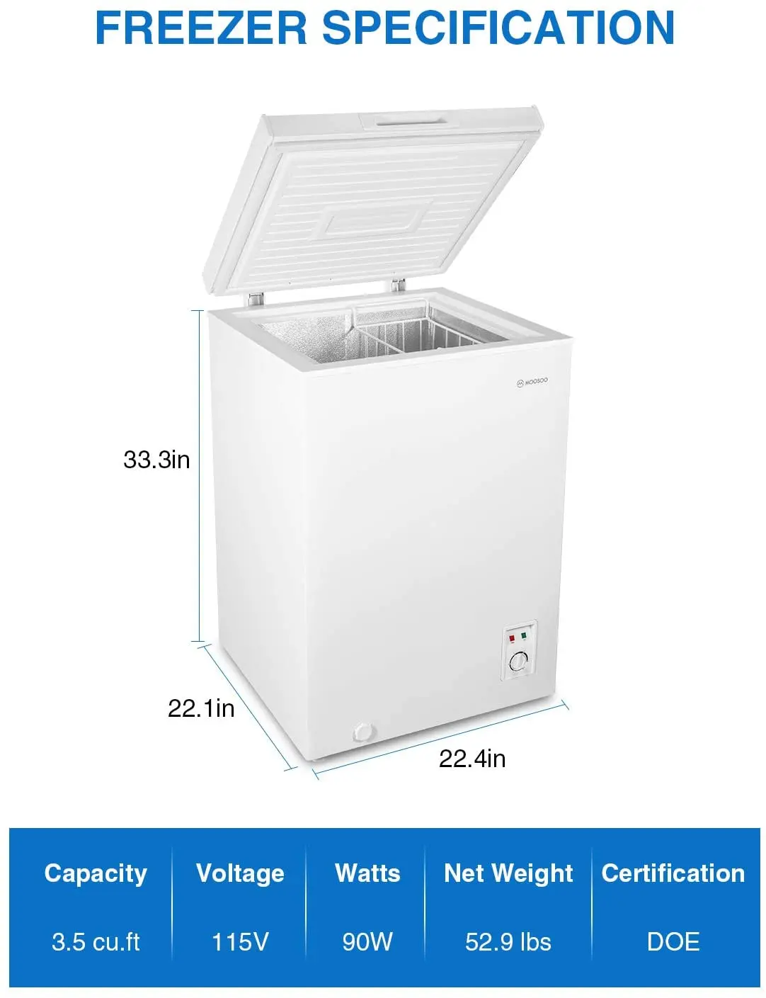 

MOOSOO Chest Freezer 3.5 Cubic Feet Deep Freezer with Storage Basket, 5 Gears Temperature Control Compact Fridge, Energy Saving