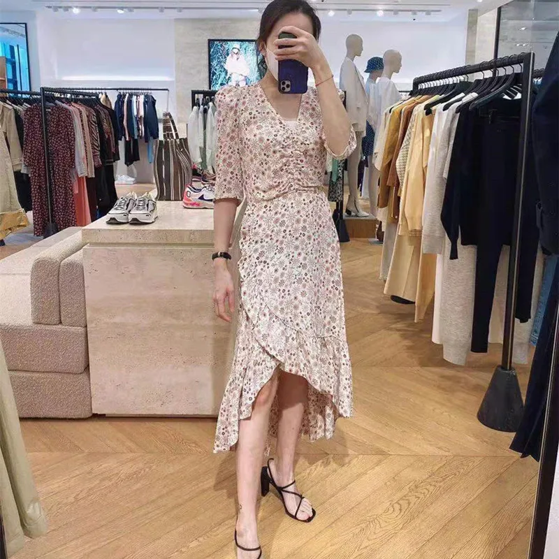 

French Elegant Summer Woman Asymmetrical Long Dress Female High Version V-Neck Party Dress Ladies Fashion Designed Dresses ML204