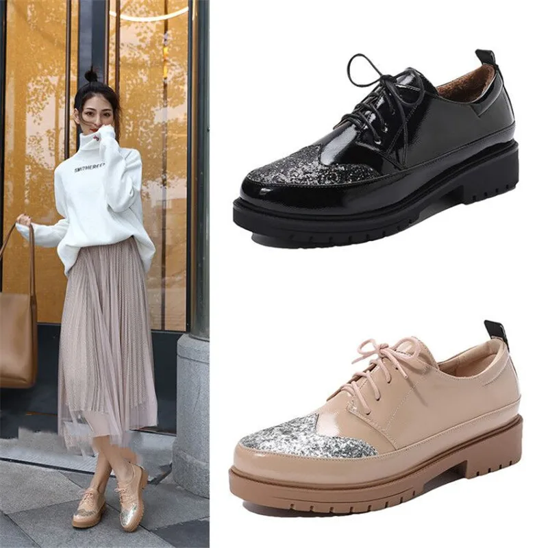 Новинка 2020 Британские женские оксфорды PXELENA лакированная кожа блестящие на