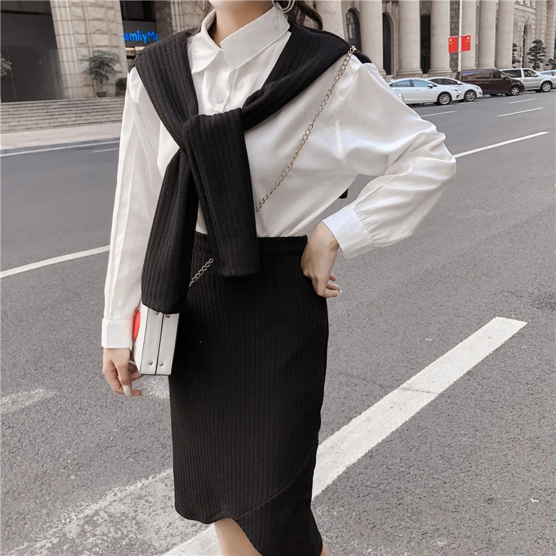 Женские рубашки и юбки карандаш из 2 предметов осенняя трикотажная женская