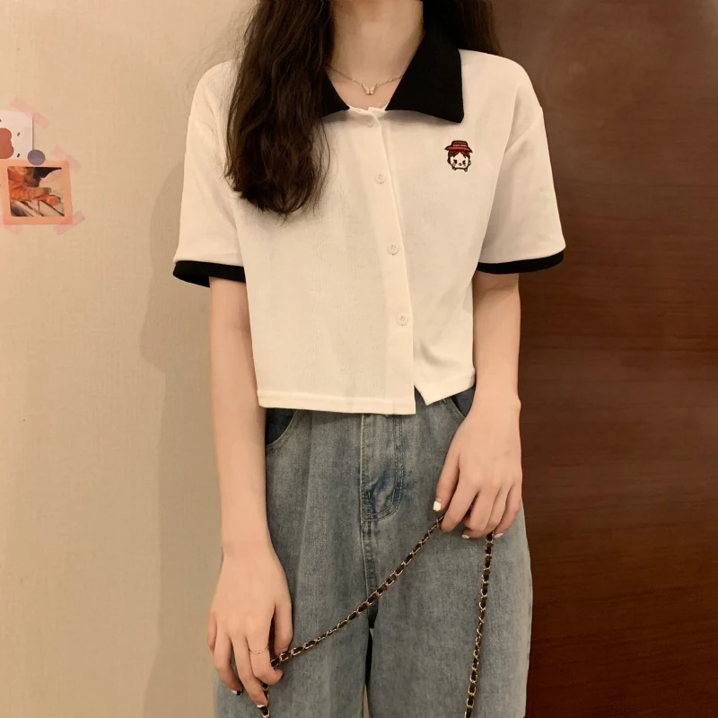 

Short Sleeve T-shirt Women Summer Knitted Polo Collar Sweater Ice Silk Tops Fashion Clothing Wholesale M302