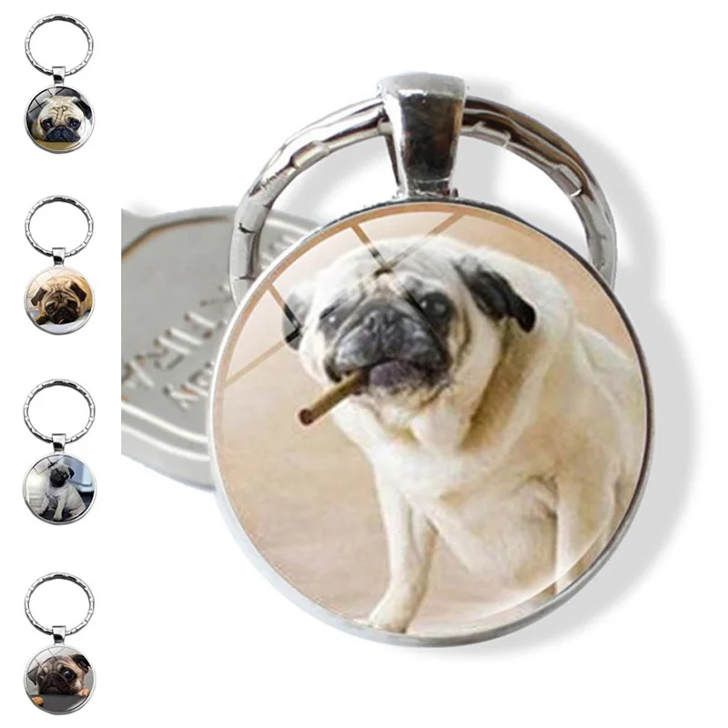 

Glass Dome Round Fashion Key Chain Charms Jewelry Accessories Pug Dog Picture Anime Keychain Pendant Key Buckle The Best Gift