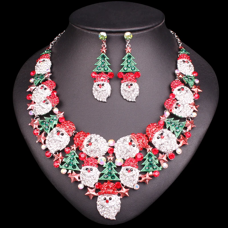 

Luxury Santa Claus Statement Bib Necklace Earrings Rhinestones Christmas Jewelry Set Party Costume Accessories Gifts for Women