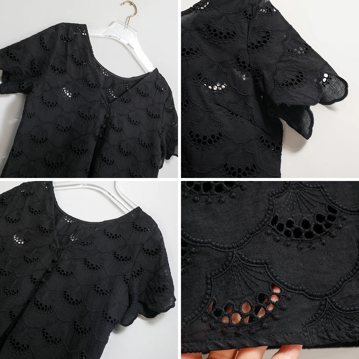 

Short-sleeved English Embroidery Top Women Deep V-neckline Back Pleats Blouse Shirt Hollow Out Summer Shirts 2020