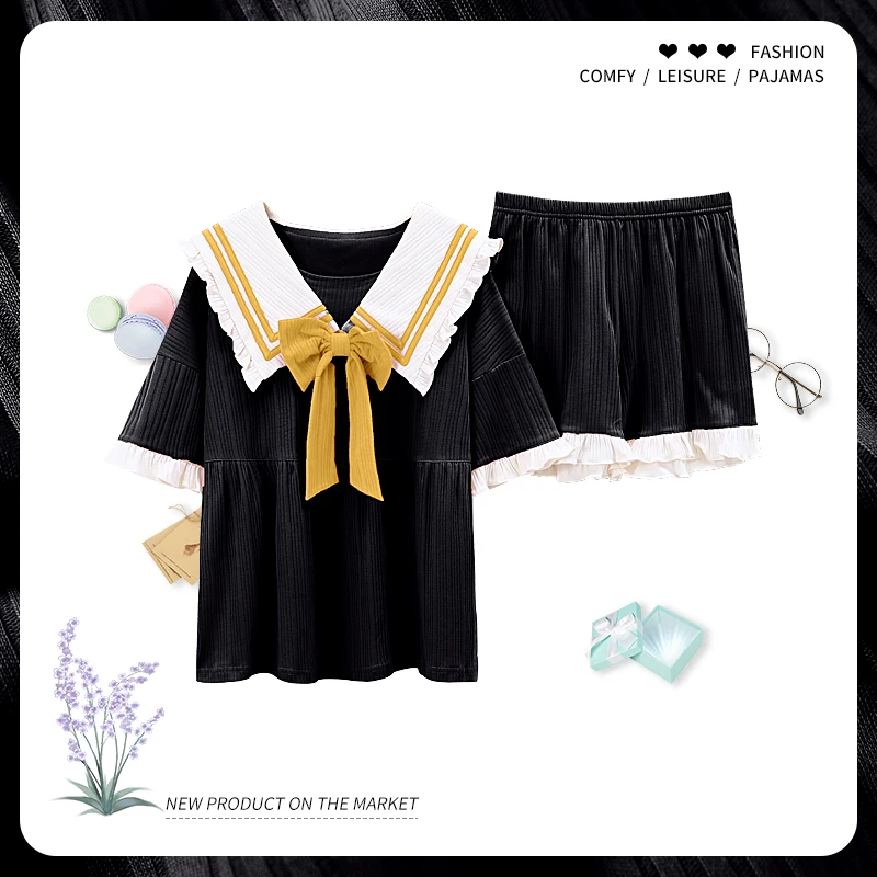 

Women Pajamas Sets Summer Oversized Cotton Cute Short Sleeve Home Wear Korean Black Doll Collar Princess 2 Piece Set Sleepwear