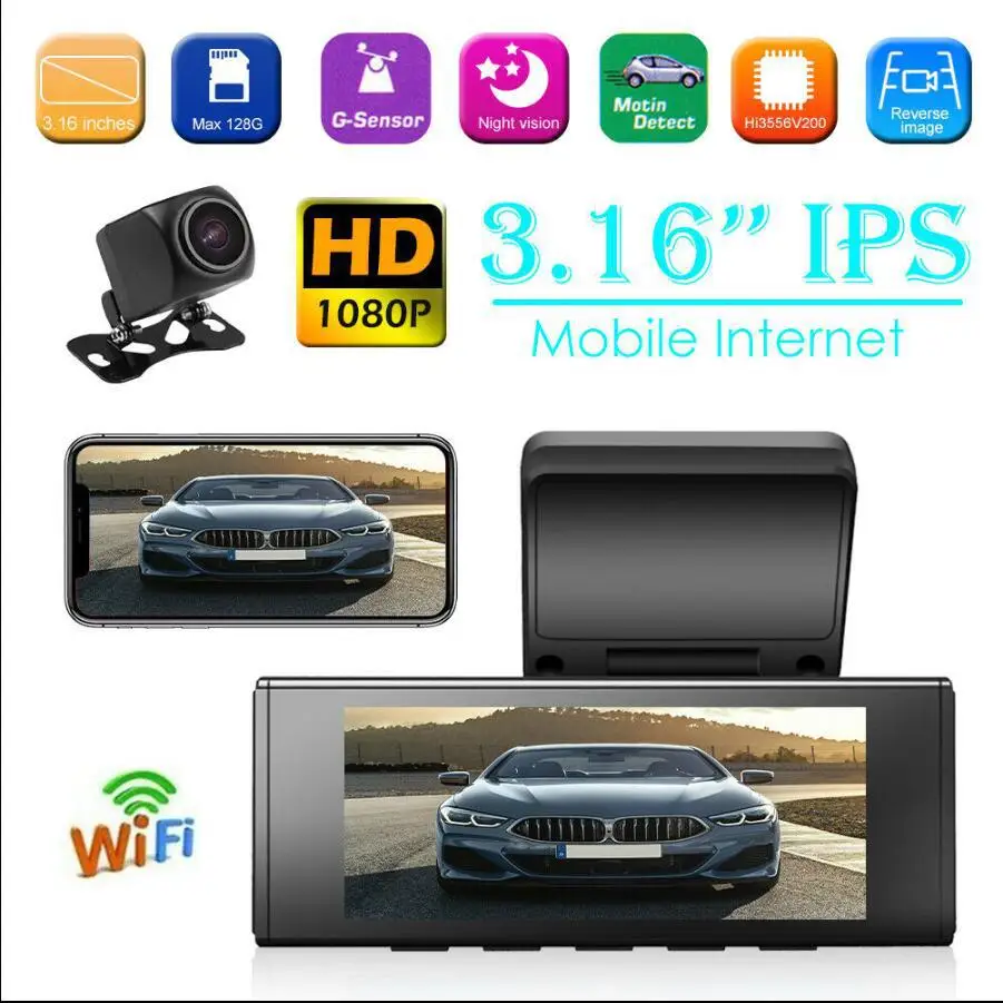

3.16 Inches Video Recorder IPS 2K WiFi Recorder Car DVR Dashboard Dash Cam Camera + Rearview Cam Car Mirror Video Recorder