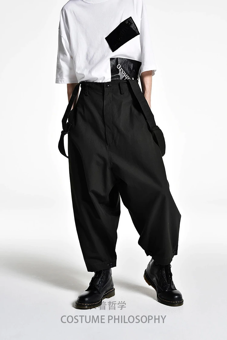 Original design of wide-leg culottes and suspenders ultra-loose Japanese style slacks for men  Big yards men's trousers