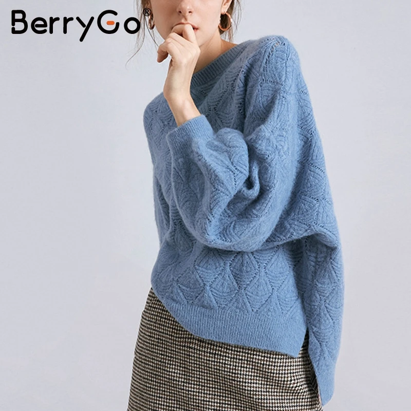 BerryGo вязаный свободный женский с пышными рукавами свитер Элегантный пуловер