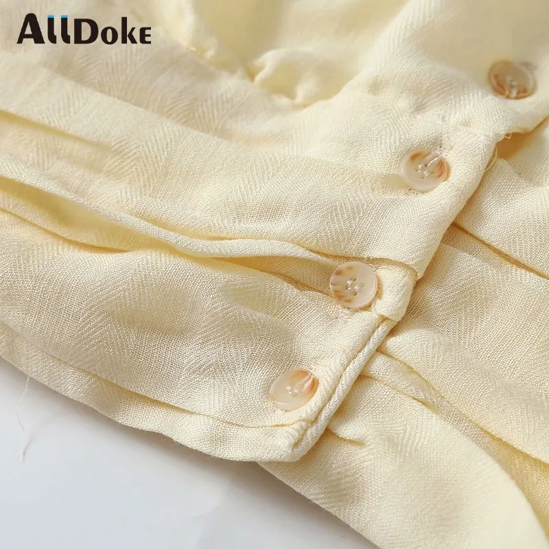 

ALLDOKE vintage casual v neck blouse women summer puff sleeve button ruched tops shirt femme ladies office blouses blusas
