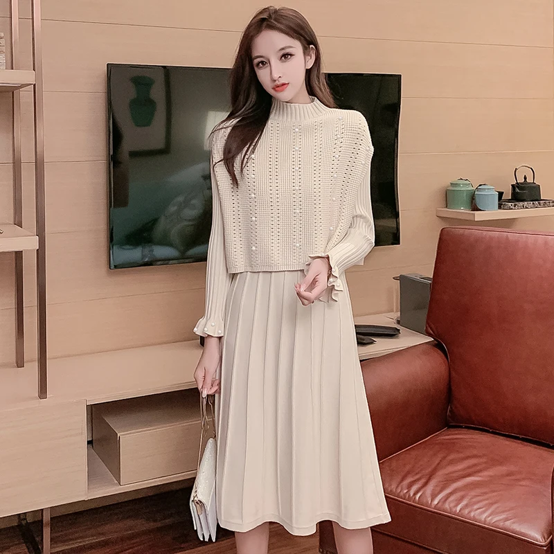

COIGARSAM Full Sleeve Women one-piece dress korean New Knitting Beading Dresses Black Apricot 2090