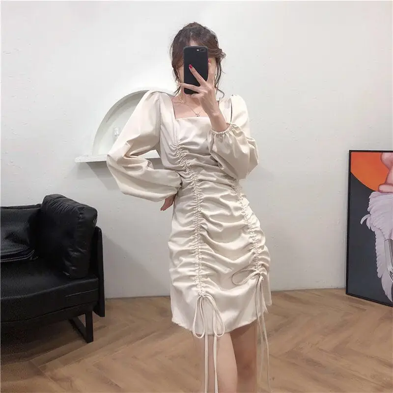 

Draped Mini Dress Women Casual OL Style Lace-up Long Sleeve Y2k Party Dress Square Collar One-Piece Dress Korean 2021 Autumn