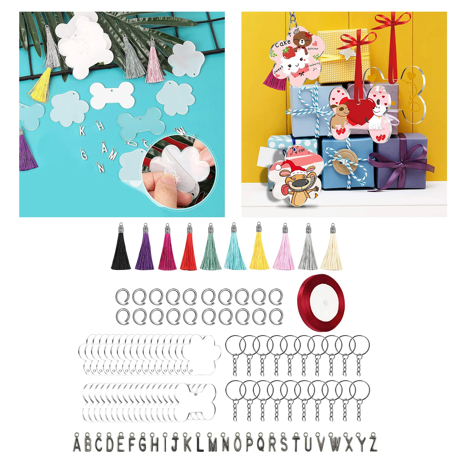 

120 × акриловые заготовки для брелоков с кисточкой + подвески-буквы для ожерелий с собакой