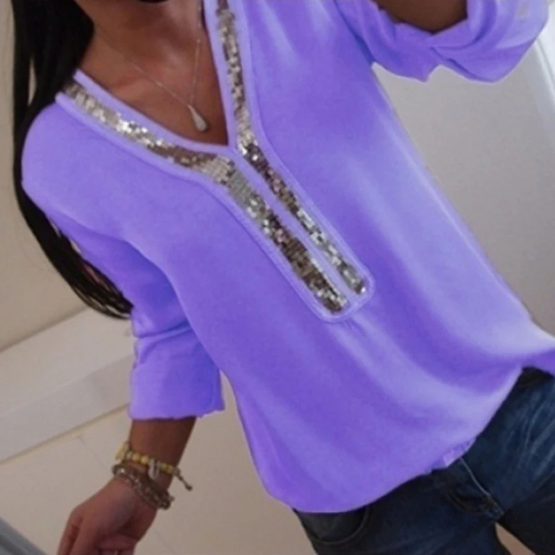 Женская шифоновая футболка с длинным рукавом V-образным вырезом и блестками |
