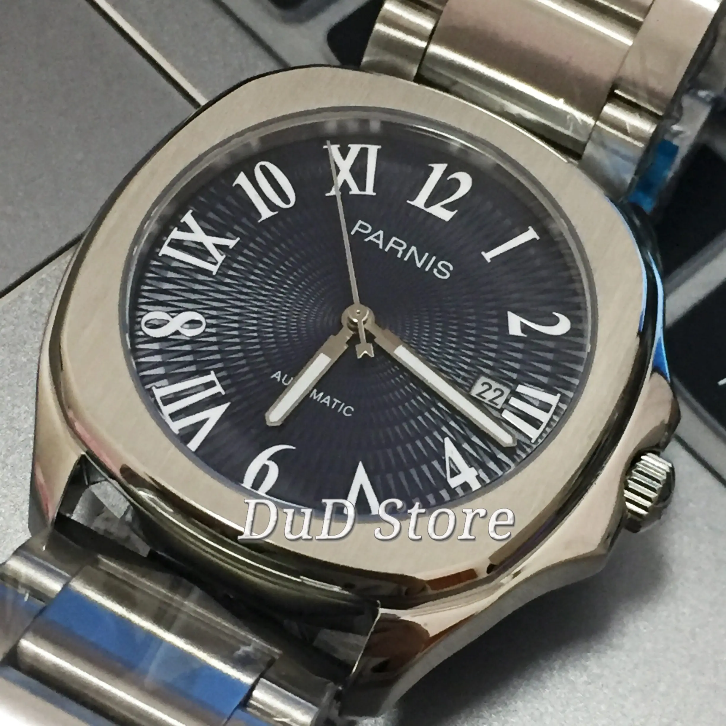 Мужские автоматические наручные часы Parnis темно-синие из нержавеющей стали с