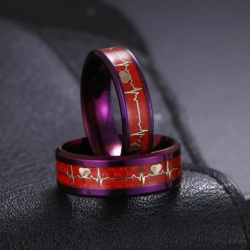 

Electroplated purple carbon fiber titanium steel ECG couple ring