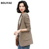 boliyae 2021 spring and autumn fashion houndstooth blazer women temperament suit long sleeved casual jacket top casaco feminino