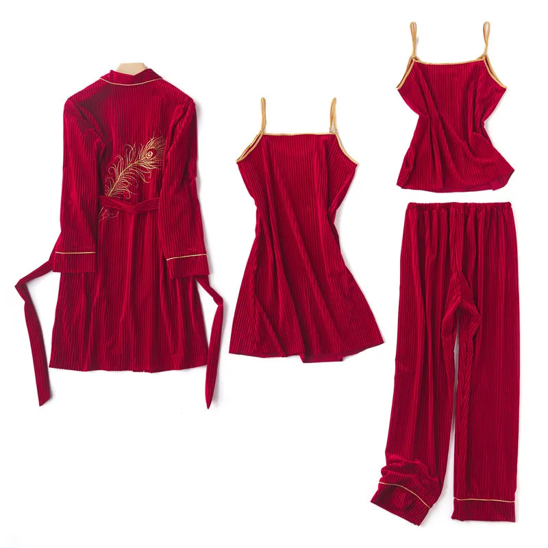 

4PCS Sleepwear Autumn New Velour Women Pajamas Set Soft Kimono Bathrobe Gown Sexy Nightwear Sleep Set Casual Embroidery Homewear