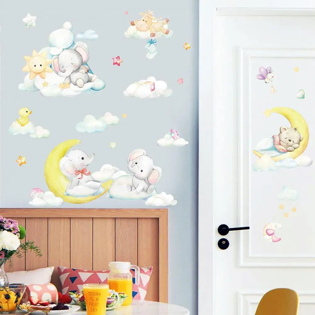 

1pcs Cute Cartoon Moon Baby Elephant Bear Wall Sticker Kids Bedroom Wardrobe Door Decoration for Home PVC Decals Decor