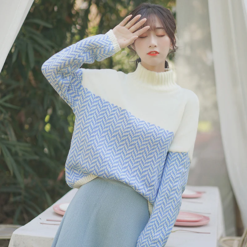 

Chic Khaki 2019 Autumn and Winter New Striped Turtleneck Sweater Inner Bottoming Shirt Women's Long Sleeve Color Matching